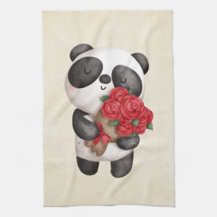Cute Panda Bear with Rose Bouquet Kitchen Towel