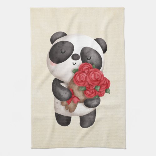 Cute Panda Bear with Rose Bouquet Kitchen Towel