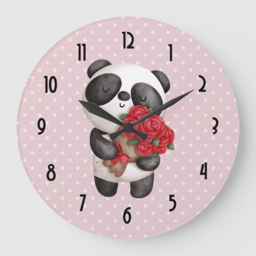 Cute Panda Bear with Rose Bouquet Large Clock