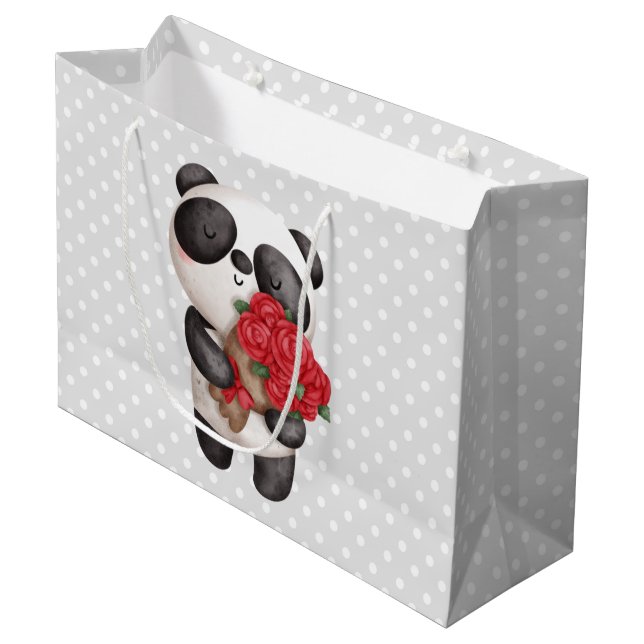 Cute Panda Bear with Rose Bouquet Large Gift Bag (Front Angled)