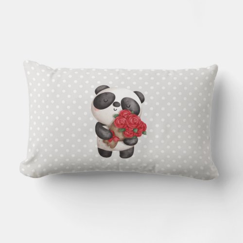 Cute Panda Bear with Rose Bouquet Lumbar Pillow