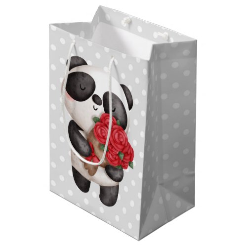 Cute Panda Bear with Rose Bouquet Medium Gift Bag