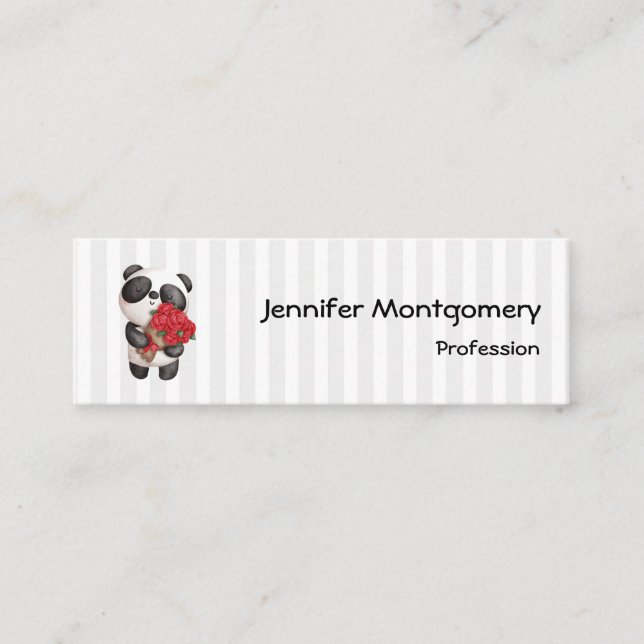 Cute Panda Bear with Rose Bouquet Mini Business Card (Front)