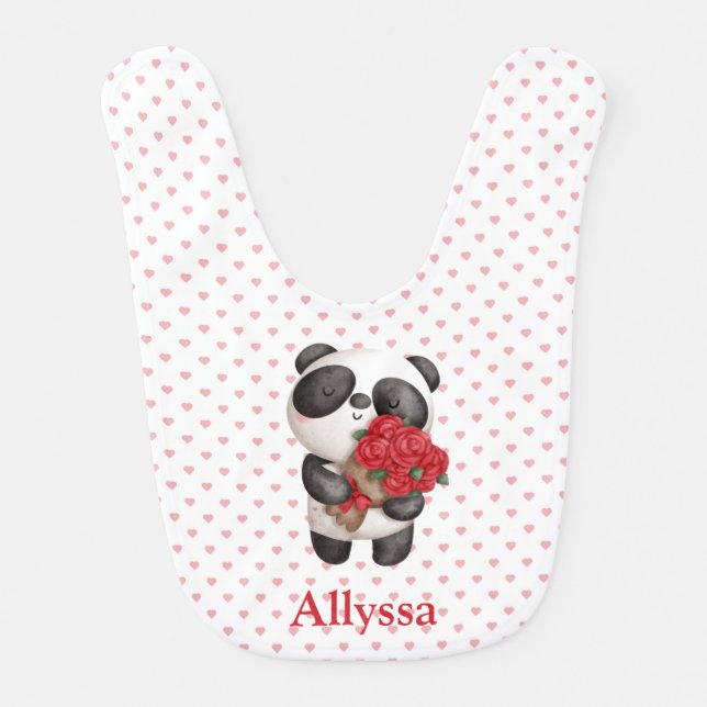 Cute Panda Bear with Rose Bouquet Monogrammed  Baby Bib (Front)
