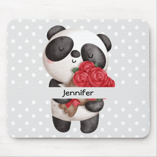 Cute Panda Bear with Rose Bouquet Mouse Pad