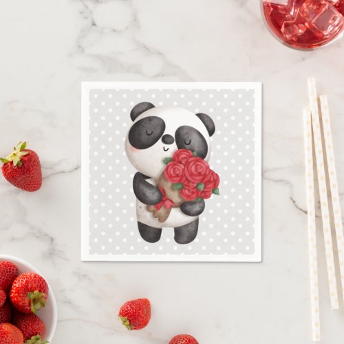 Cute Panda Bear with Rose Bouquet Napkins