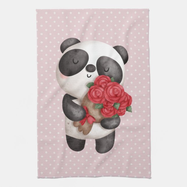 Cute Panda Bear with Rose Bouquet on Polka Dots Kitchen Towel (Vertical)