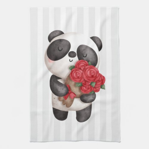 Cute Panda Bear with Rose Bouquet on Stripes Kitchen Towel