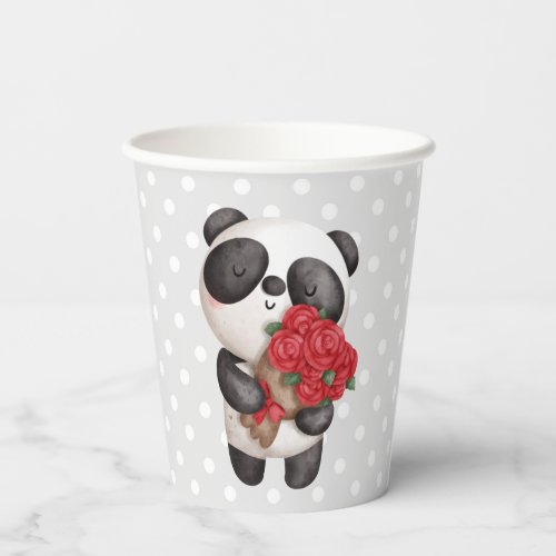 Cute Panda Bear with Rose Bouquet Paper Cups