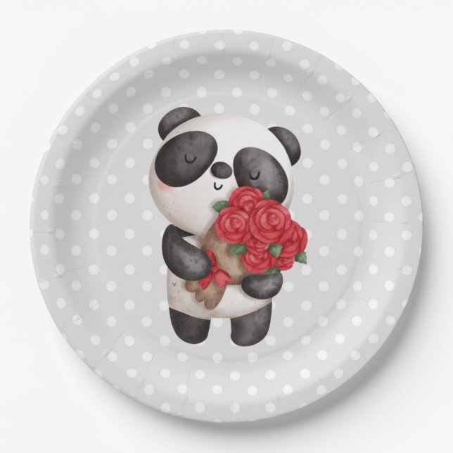 Cute Panda Bear with Rose Bouquet Paper Plates (Front)
