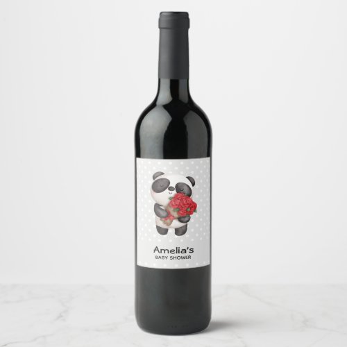 Cute Panda Bear with Rose Bouquet Party Wine Label