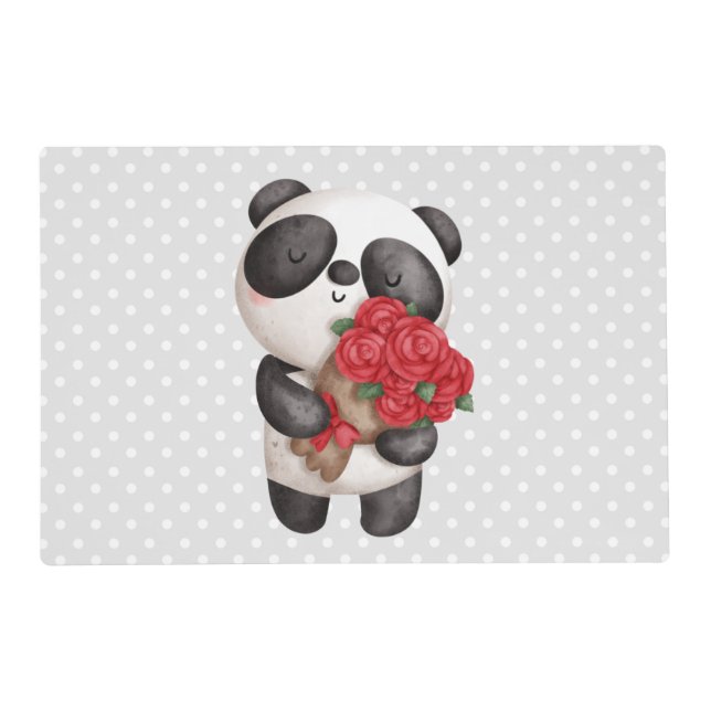 Cute Panda Bear with Rose Bouquet Placemat (Back)