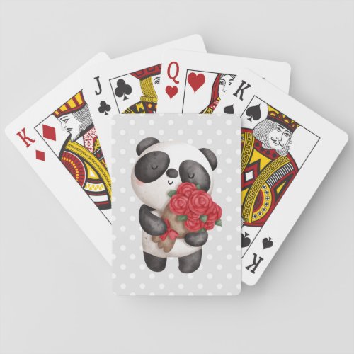 Cute Panda Bear with Rose Bouquet Playing Cards