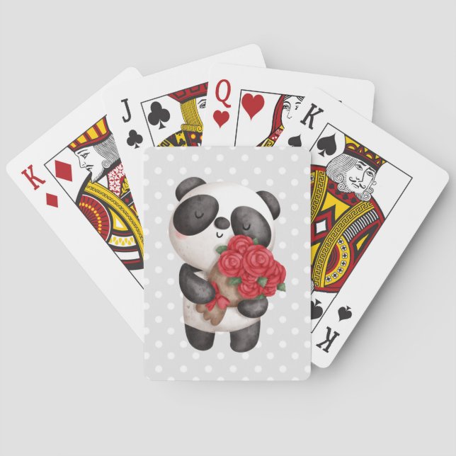 Cute Panda Bear with Rose Bouquet Poker Cards (Back)
