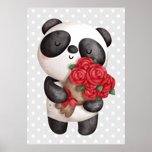Cute Panda Bear with Rose Bouquet Poster