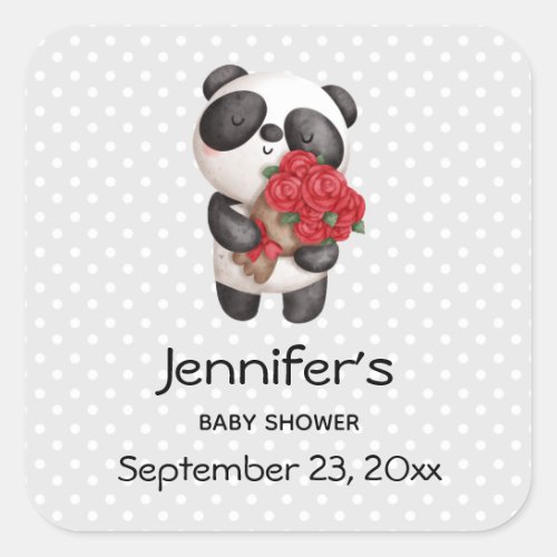 Cute Panda Bear with Rose Bouquet Save the Date Square Sticker