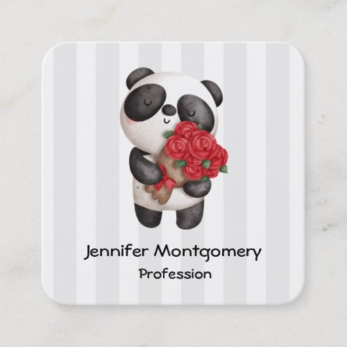 Cute Panda Bear with Rose Bouquet Square Business Card