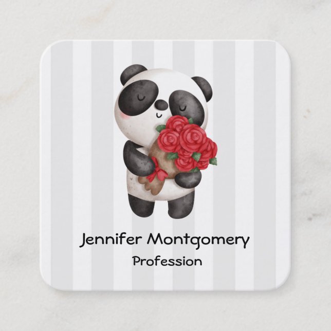 Cute Panda Bear with Rose Bouquet Square Business Card (Front)