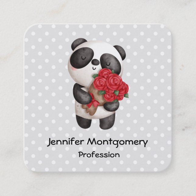 Cute Panda Bear with Rose Bouquet Square Business Card (Front)