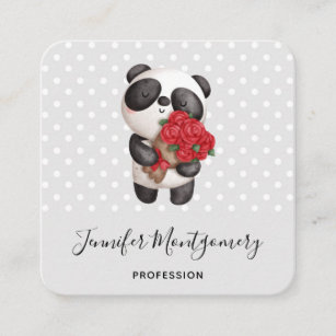 Cute Panda Bear with Rose Bouquet Square Business Card