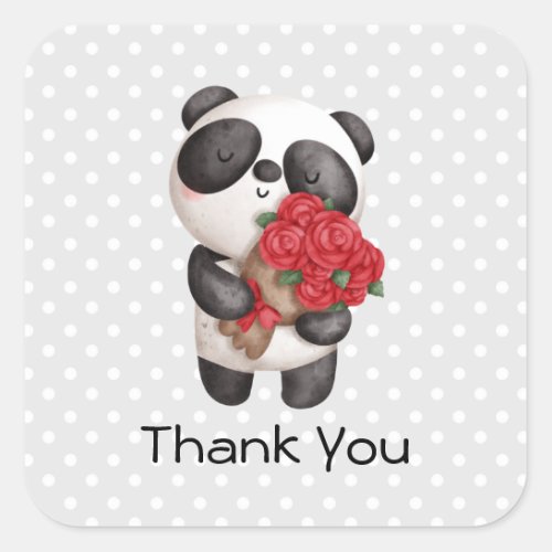 Cute Panda Bear with Rose Bouquet Square Sticker