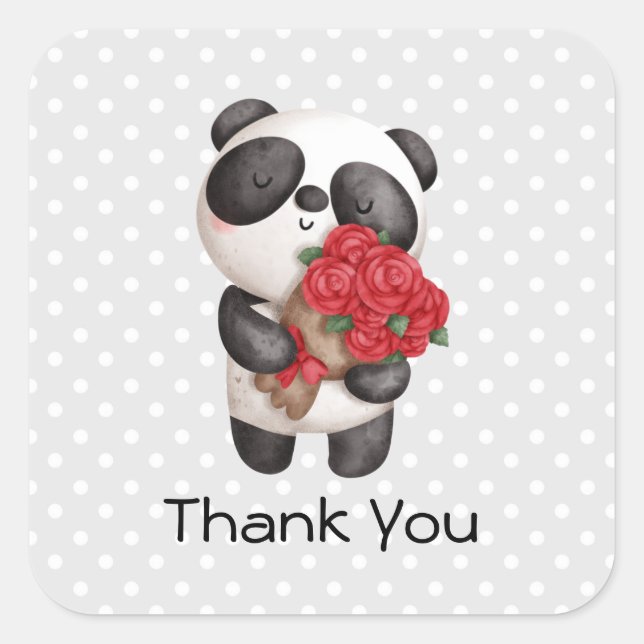 Cute Panda Bear with Rose Bouquet Square Sticker (Front)