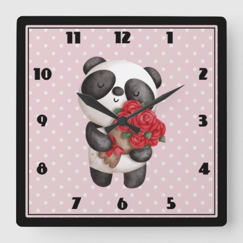 Cute Panda Bear with Rose Bouquet Square Wall Clock