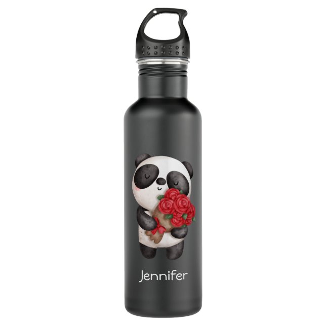 Cute Panda Bear with Rose Bouquet Stainless Steel Water Bottle (Front)