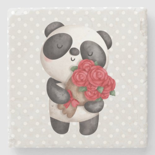 Cute Panda Bear with Rose Bouquet Stone Coaster