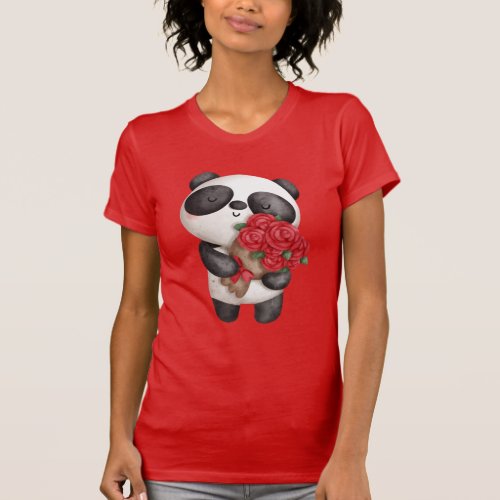 Cute Panda Bear with Rose Bouquet T_Shirt
