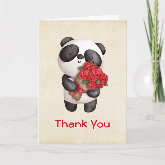 Cute Panda Bear with Rose Bouquet Thank You Card (Front)