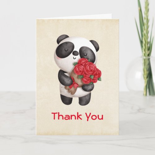 Cute Panda Bear with Rose Bouquet Thank You Card