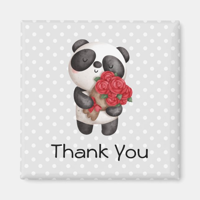 Cute Panda Bear with Rose Bouquet Thank You Magnet (Front)