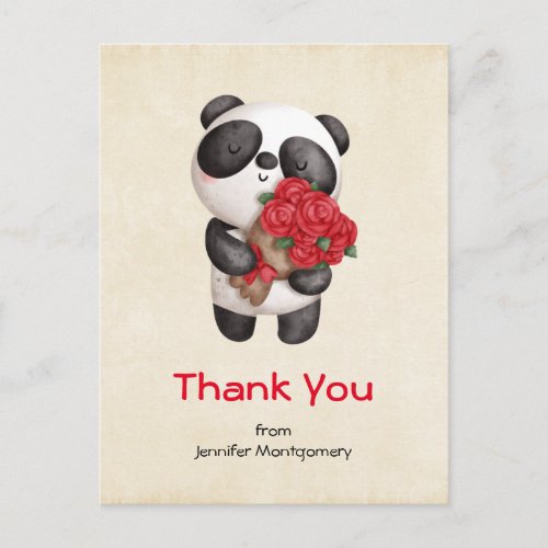 Cute Panda Bear with Rose Bouquet Thank You Postcard