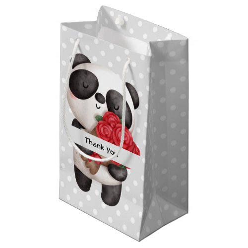 Cute Panda Bear with Rose Bouquet Thank You Small Gift Bag
