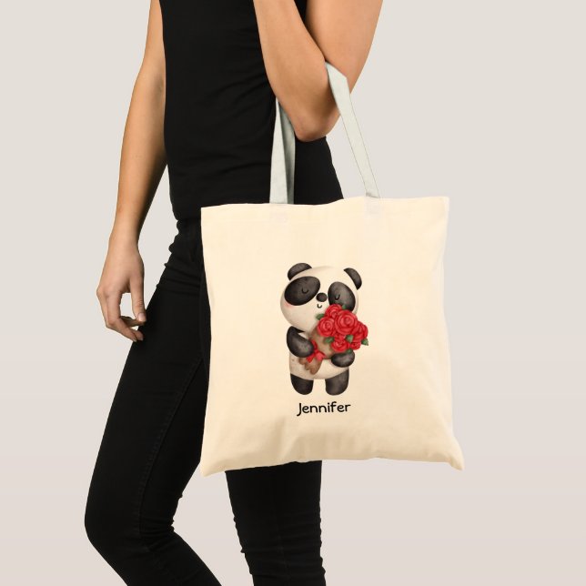 Cute Panda Bear with Rose Bouquet Tote Bag (Front (Product))