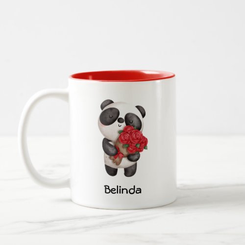 Cute Panda Bear with Rose Bouquet Two_Tone Coffee Mug