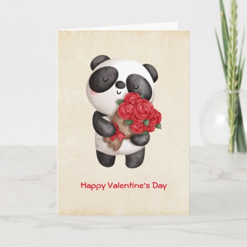 Cute Panda Bear with Rose Bouquet Valentines Card