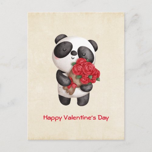 Cute Panda Bear with Rose Bouquet Valentines Day Holiday Postcard