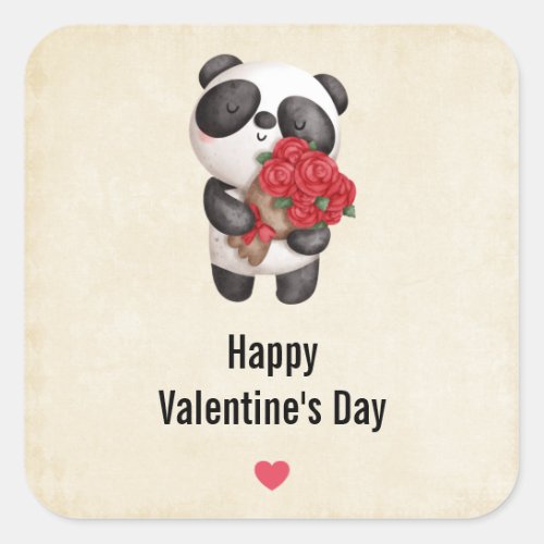 Cute Panda Bear with Rose Bouquet Valentines Day Square Sticker