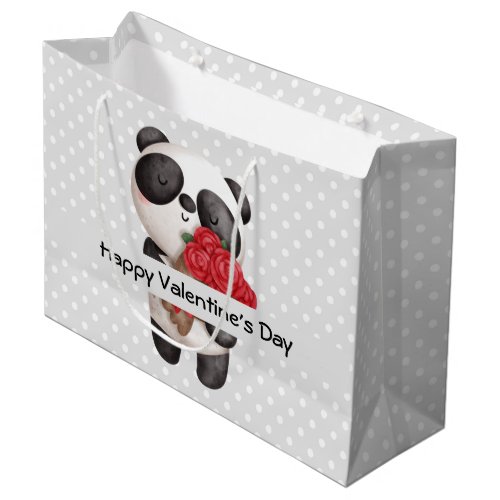 Cute Panda Bear with Rose Bouquet Valentines Large Gift Bag