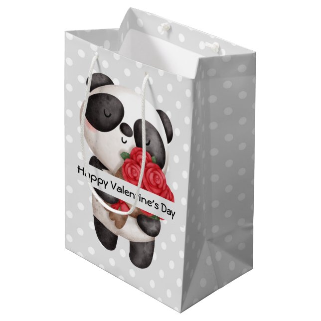 Cute Panda Bear with Rose Bouquet Valentine's Medium Gift Bag (Front Angled)