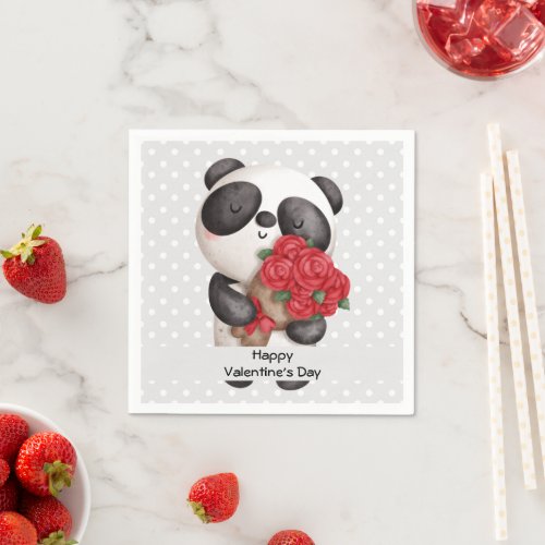 Cute Panda Bear with Rose Bouquet Valentines Napkins