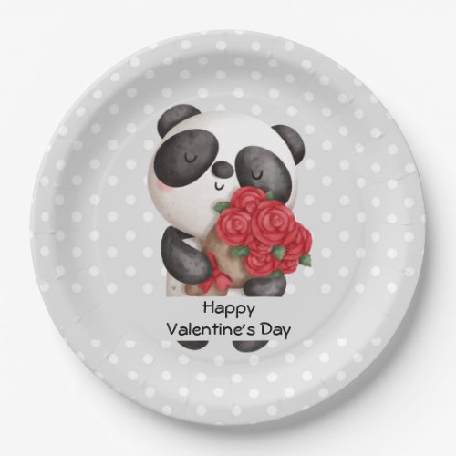 Cute Panda Bear with Rose Bouquet Valentines Paper Plates