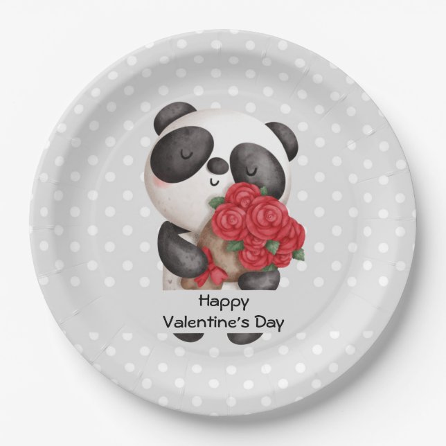 Cute Panda Bear with Rose Bouquet Valentine's Paper Plates (Front)