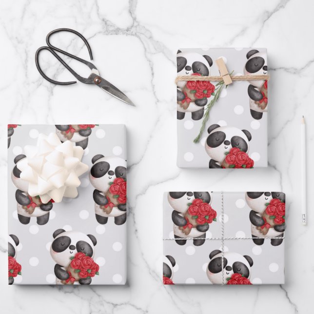 Cute Panda Bear with Rose Bouquet Wrapping Paper Sheets (Front)
