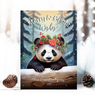 Cute Panda Bear Woodland Forest Merry & Bright Holiday Card
