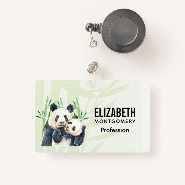 Cute Panda Bears Cuddling Watercolor Badge (Front with Retractable)