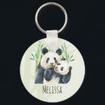 Cute Panda Bears Cuddling Watercolor Keychain<br><div class="desc">A keychain with a cute watercolor illustration featuring a black and white mom and baby panda bear cuddling together. Mommy is holding her cub amongst some green bamboo stalks.</div>