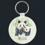 Cute Panda Bears Cuddling Watercolor Keychain<br><div class="desc">A keychain with a cute watercolor illustration featuring a black and white mom and baby panda bear cuddling together. Mommy is holding her cub amongst some green bamboo stalks.</div>